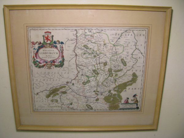 GUILJELMUM JOANNEM BLAEU MAP OF AMSTERDAM: Guiljelmum et Joannem Blaeu hand colored map of Amsterdam. Some foxing. Frame has minor scratches. Overall condition good. Framed measurements 22 1/2" by 26 1/2".