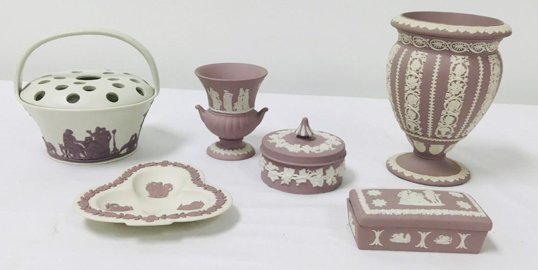 WEDGWOOD LILAC JASPERWARE LILAC DIP 6 PIECES: Wedgwood Lilac colored jasper ware grouping consisting of: 6" vase, 3" covered trinket jar, 3.25" urn, 4.5" tray, 3.25" rectangular covered box, and an unusual basket with removable insert for flowers