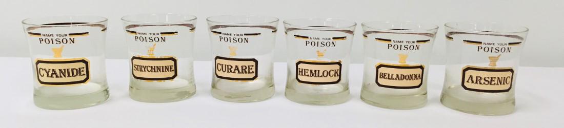 SET OF SIX VINTAGE CERA "NAME YOUR POISON" GLASSES: Lot of six vintage Cera "Name Your Poison" double old fashioned glasses. Each one measures 4.25" tall and lists the names of various poisons. Condition: minor wear to graphics, see images. Weight: 3.4