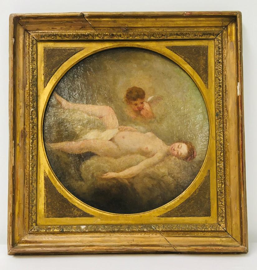 18TH C FRENCH OIL ON CANVAS PAINTING NUDE W/ CHERU: Framed 18th century French oil on canvas painting depicting a reclining nude with cherub. Manner of Boucher, no apparent signature. Appears to be original gilt frame. Condition: expected signs of age 