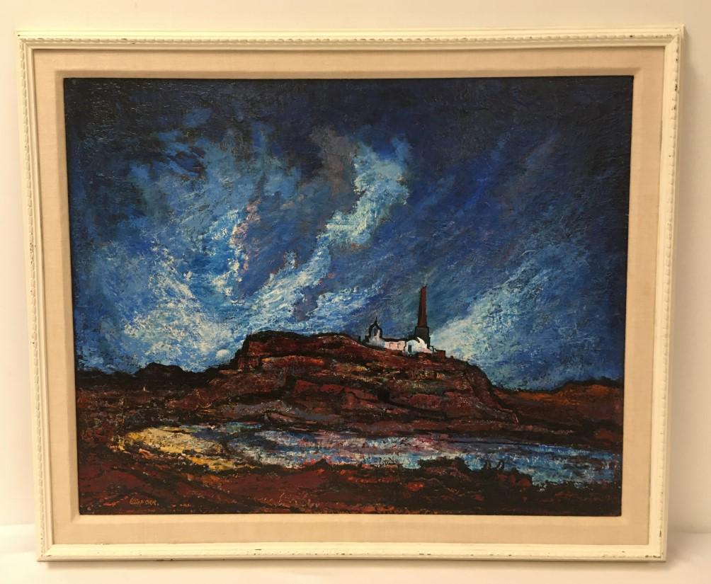 VINTAGE ELLIOT ORR OIL ON BOARD PAINTING STARK...: Vintage framed oil on masonite board painting by Elliot Orr. Originally retailed by Harmon-Meek, Naples Fl. Painting is signed lower left, titled, signed and dated verso "Elliot Orr #6 Stark Landscape