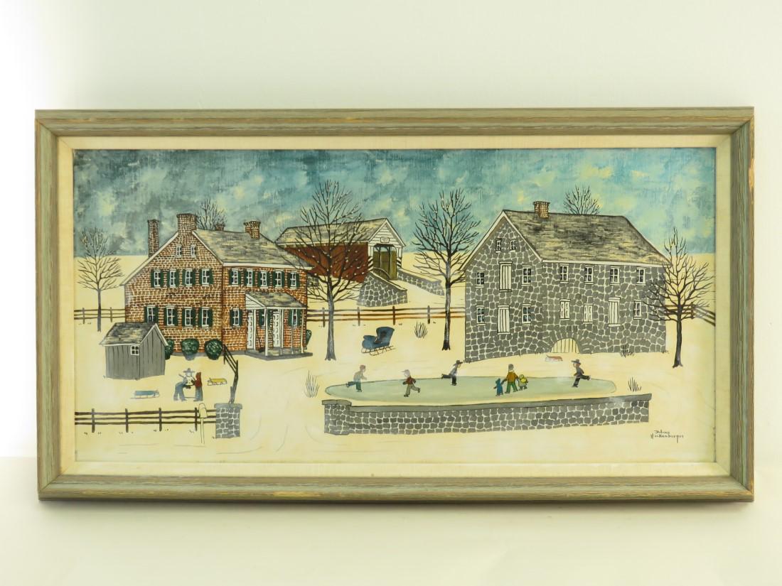 DOLORES HACKENBERGER OIL ON CANVAS NAIVE PAINTING: Dolores Hackenberger oil on canvas naive or amish folk art style painting titled "London Vale Rd, Salt Box & Kissing Bridge", frame measures 26.5" tall x 14.5" tall. Signed lower right. Condition: goo