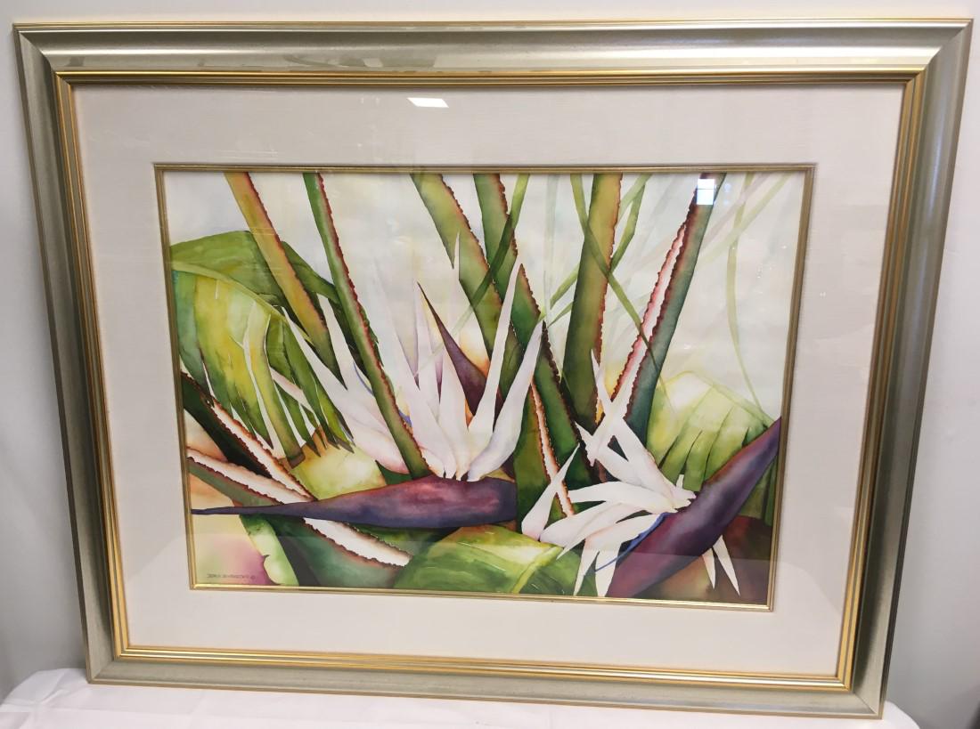 DORIS SCHROEDER FLORAL WATERCOLOR PAINTING: Doris Schroeder floral watercolor painting on Arches paper. Titled on card on back "White bird of paradise". Signed lower left, framed and matted under glass. Measures a total of 34" tall x 42" wide. 