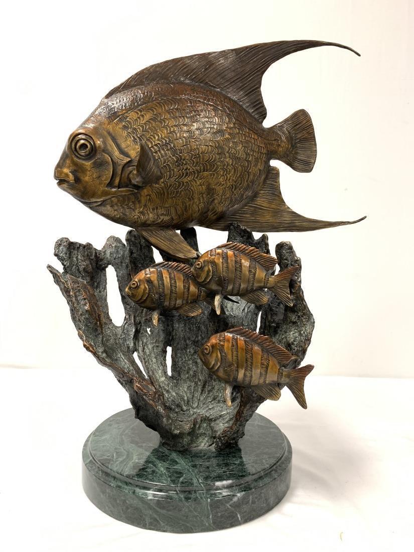 GEOFFREY SMITH BRONZE SCULPTURE OF FISH REEF LARGE: A large bronze sculpture of a school of fish & reef by Geoffrey C. Smith. Mounted to circular marble base. Signed and dated 2002. Measures a total of 27" tall. Condition: good, no signs of damages, se