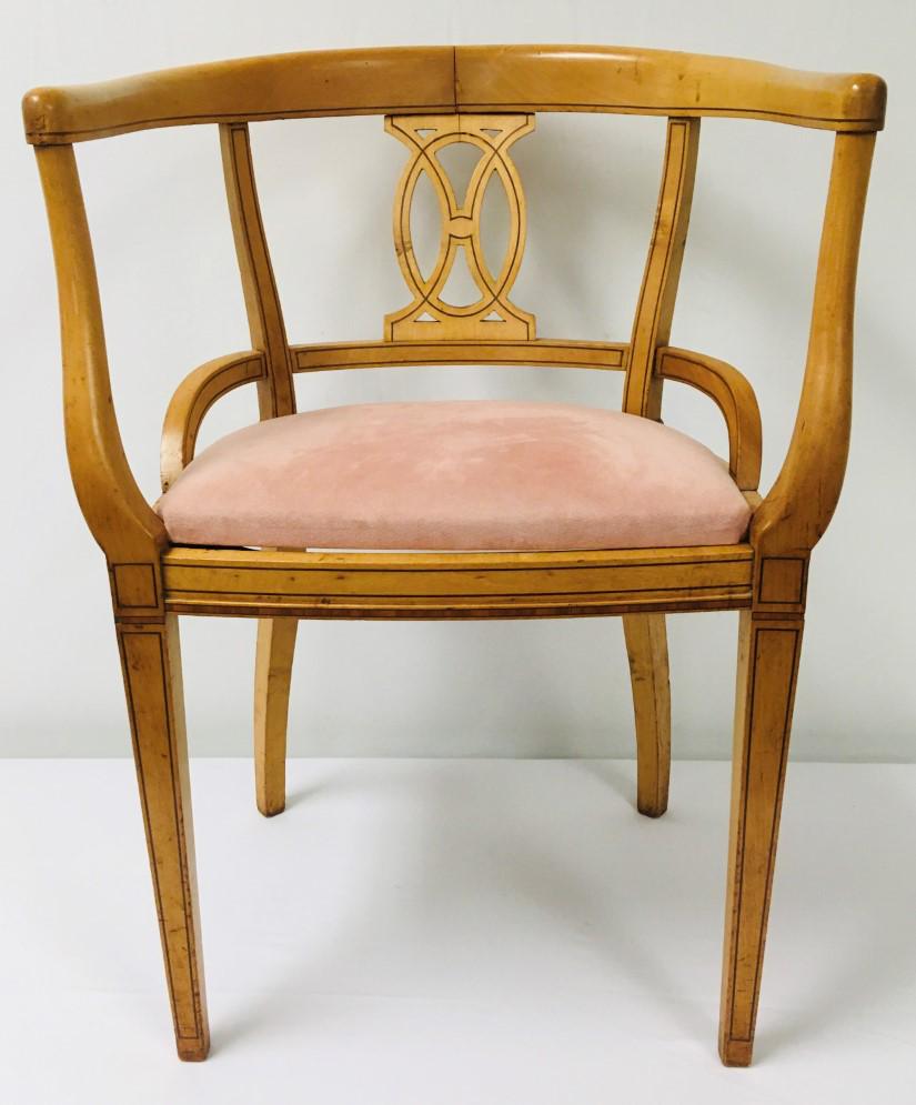 VINTAGE BIEDERMEIER STYLE PARQUETRY ARMCHAIR: Vintage Biedermeier style parquetry inlaid armchair measuring 31" tall x 21" wide and approx. 20" deep. Seat height is 18.5". Condition: minor separation at joints, some soiling to cushion, signs of a