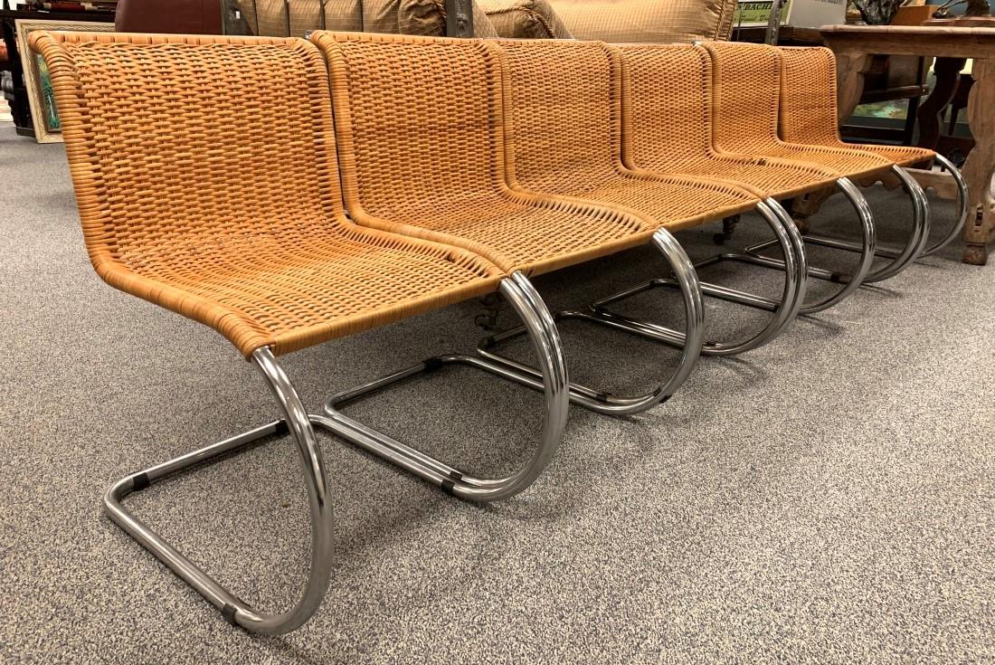 SET 7 LUDWIG MIES VAN DER ROHE FOR KNOLL MR CHAIRS: Set of seven MR chairs by Ludwig Mies Van Der Rohe for Knoll. Polished chrome frame with woven rattan seats. Each chair measures 30.75" tall x 18.5" wide. Condition: four of the chairs have very minor
