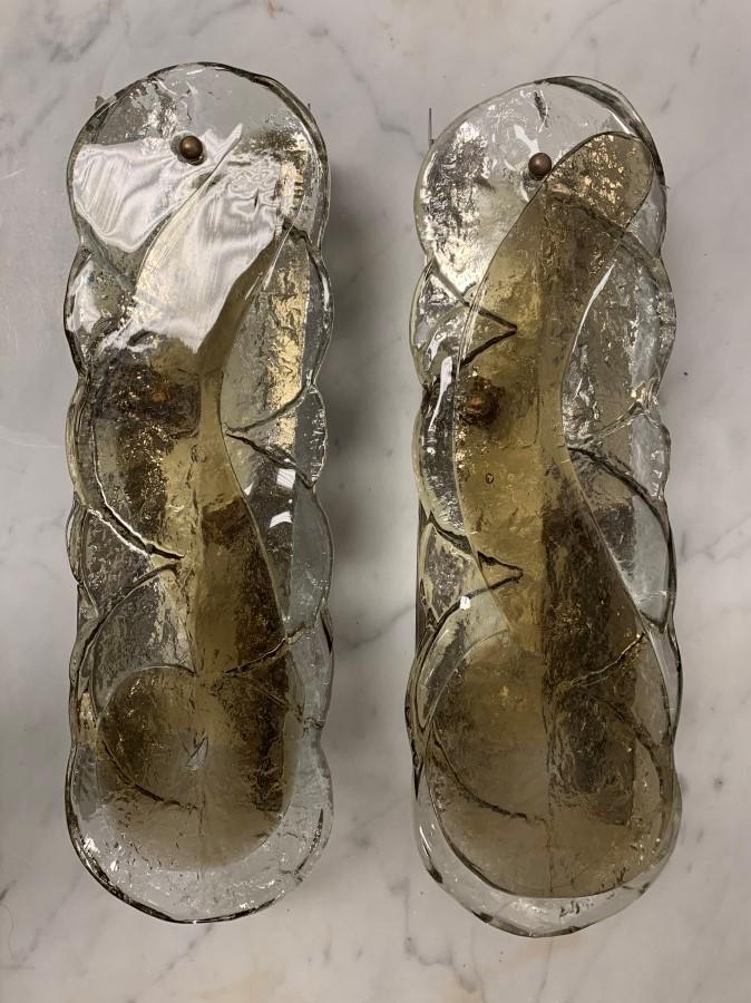 PAIR MODERN SMOKY GLASS & CHROME WALL SCONCES: Pair of modern smoky glass and chrome finished wall sconces. Each one measures 13.5" tall x 4.25" wide and 3.5" deep. Condition: minor signs of normal age and use to chrome finish, see images. Weight: