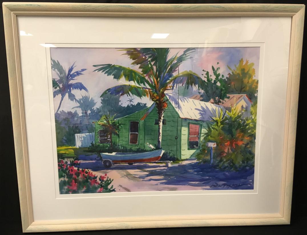 PHIL FISHER WATERCOLOR PAINTING ON PAPER GREEN COT: Phil Fisher (listed Naples artist) watercolor painting on paper. Titled verso "Green Cottage". Signed "Phil Fisher" lower right. Measures a total of 33.25" tall x 41" wide. Condition: green designs on