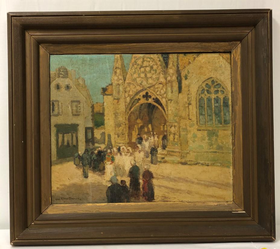 ANTIQUE GEORGE ELMER BROWNE OIL ON CANVAS PAINTING: Antique oil on canvas painting by George Elmer Browne (American, 1871 - 1946). Depicting an outdoor figural scene in front of a gothic style church, probably Italy. Measures 20.75" tall x 25.25" wide 