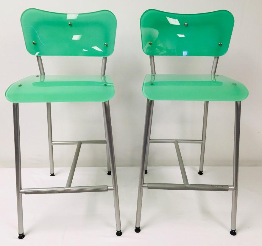 PAIR MODERN METAL & GLASS BARSTOOLS: Pair of modern metal and glass barstools, each measuring 35.5" tall x 15.5" wide and 19" deep. Condition: minor scuffs and signs of normal use, see images. Weight: approx. 35 lbs. total.