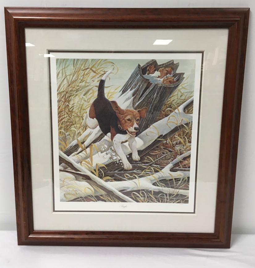 JOHN A. RUTHVEN LIMITED EDITION HAND SIGNED PRINT: John A. Ruthven limited edition hand signed print titled "Beagle". Signed in pencil lower left and numbered lower right. Condition: good, frame may show minor signs of normal use, see images. Frame me