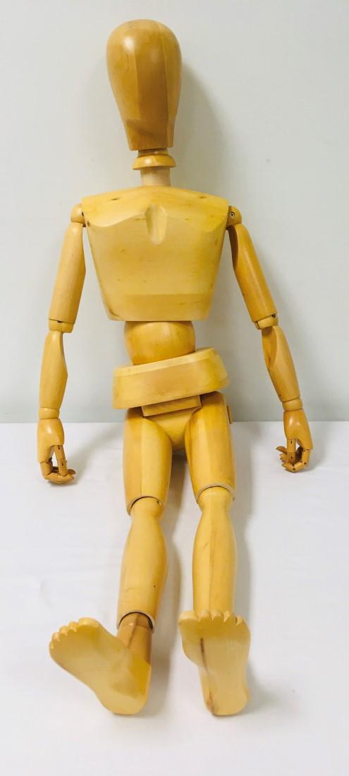 CHILD SIZE ARTICULATED WOOD DRAWING MANNEQUIN: Child sized articulated carved wood drawing mannequin. All accurate human proportions for artist's drawing and sketching. Measures approx. 47" tall from head to foot. Condition: good, see images. Weig