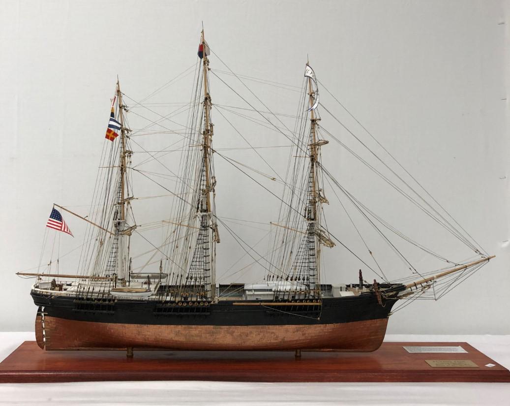 FLYING FISH 1851 HAND MADE MODEL CLIPPER SHIP: Hand made model after the 1851 clipper ship "Flying Fish". 100% hand made by Bill Mc Learn, Boston, Mass. Base is mounted with a metal title label and short ship history. Condition: very good, no sign