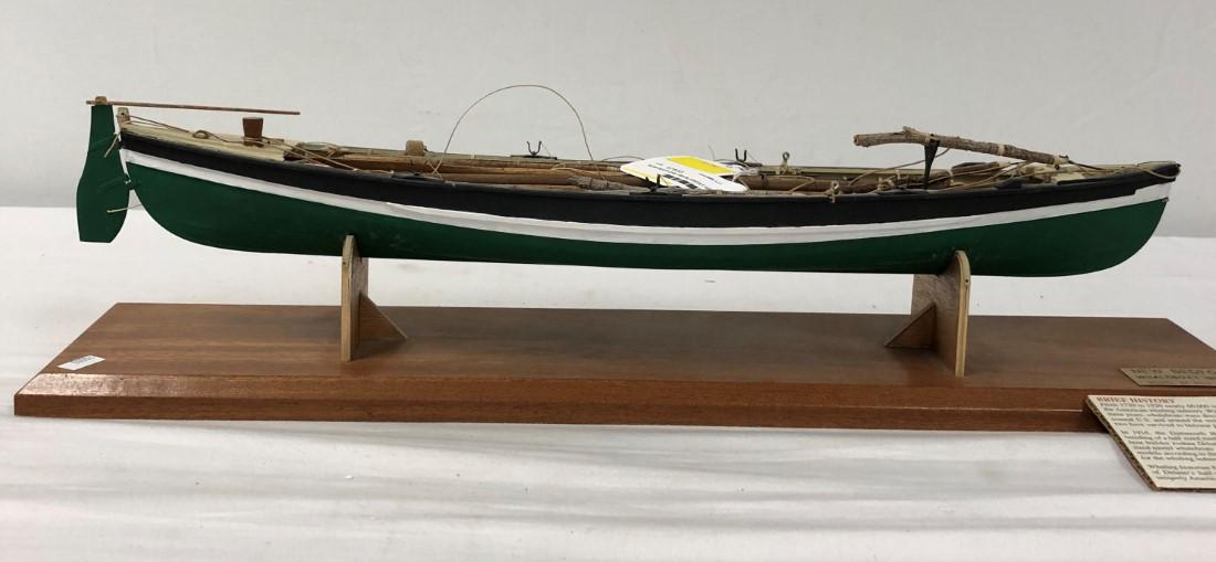NEW BEDFORD WHALEBOAT HAND MADE MODEL SHIP: New Bedord whaleboat hand made model ship by Bill McLearn. Measures a total of 24" long x 6" tall and 5.5" wide. Condition: as-is, see images. Weight: 3 lbs.