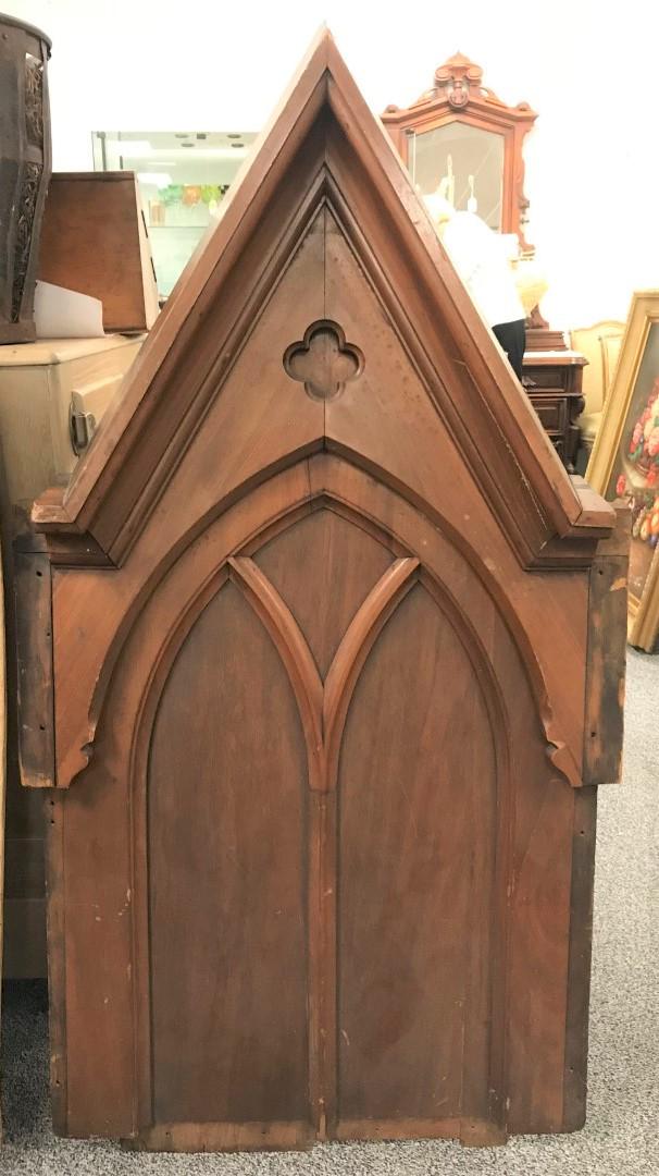 GOTHIC REVIVAL WOODEN ARCHITECTURAL REMNANT: Gothic revival wooden architectural remnant steeple. Measures a total of 58.75" tall x 30" wide and 6.5" deep. Condition: wear and signs of age to finish, minor losses to moulding, see images. Weight: