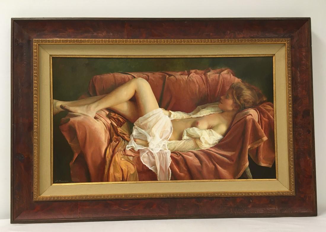 SERGE MARSHENNIKOV OIL ON CANVAS: RECLINING NUDE: Serge Marshennikov oil on canvas painting. Subject: reclining nude. Signed "S. Marshen." lower left. Signed and dated on backside of canvas "Serge Marshennikov 2009". Framed and matted in a burled woo