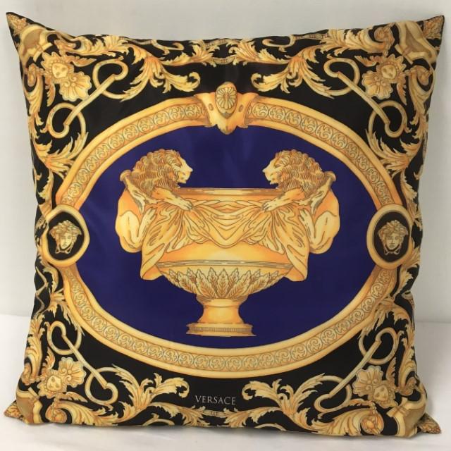 VINTAGE VERSACE SILK THROW PILLOW 18" X 18": Vintage Versace double sided silk throw pillow measuring 18" x 18". Signed Versace at the base of either side, no additional tags. Condition: good, does not appear to be used, no damages or stains, se