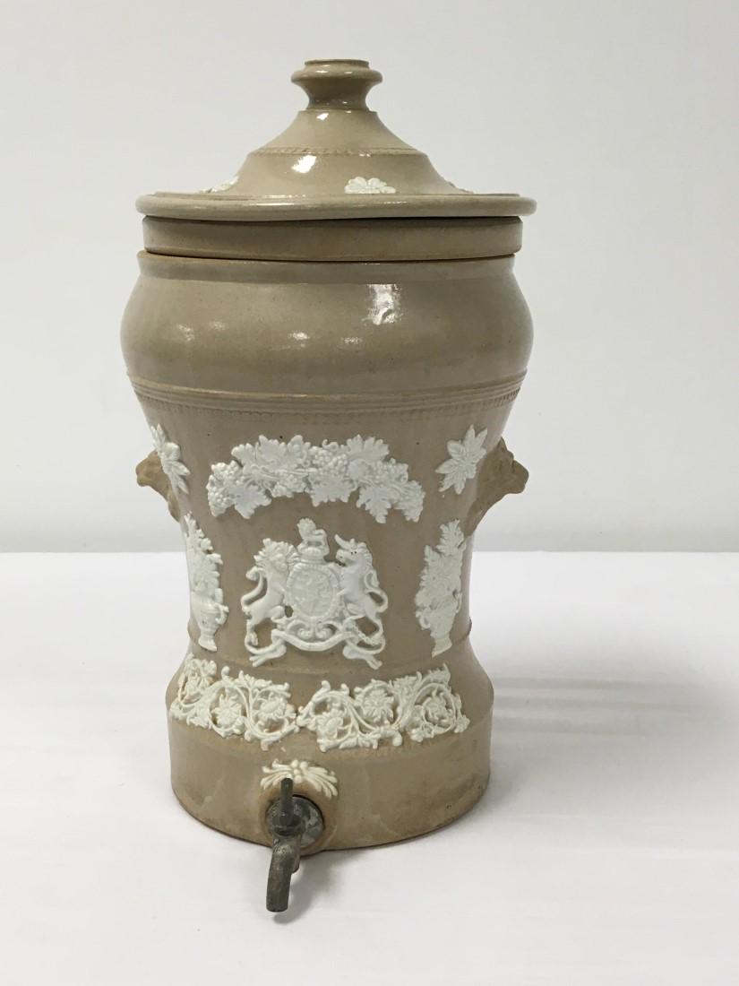 ANTIQUE 19TH C FRENCH STONEWARE WATER COOLER: Antique 19th century French stoneware three piece water cooler. Measures a total of 14.25" tall x 7.75" wide. Condition: tiny chip to top rim of insert, see images. Weight: 12.6 lbs.