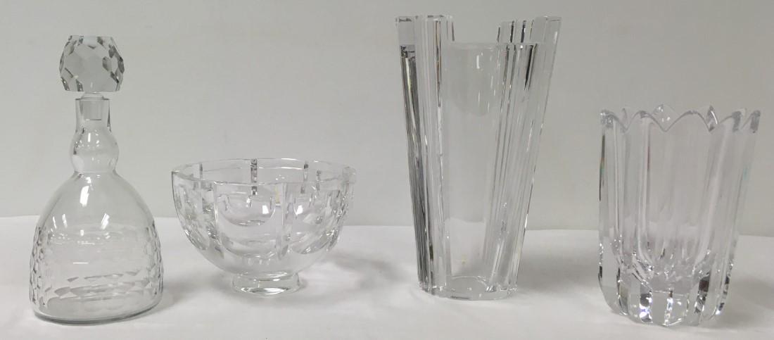 BACCARAT & ORREFORS CUT CRYSTAL 4 PCS: Lot of cut crystal. Includes a 9.75" tall Baccarat faceted decanter, a 10.75" Orrefors modernist vase, a 7.25" Orrefors wide bowl, and a 7.5" tall Orrefors lobed vase. Condition: good, no chips or cra