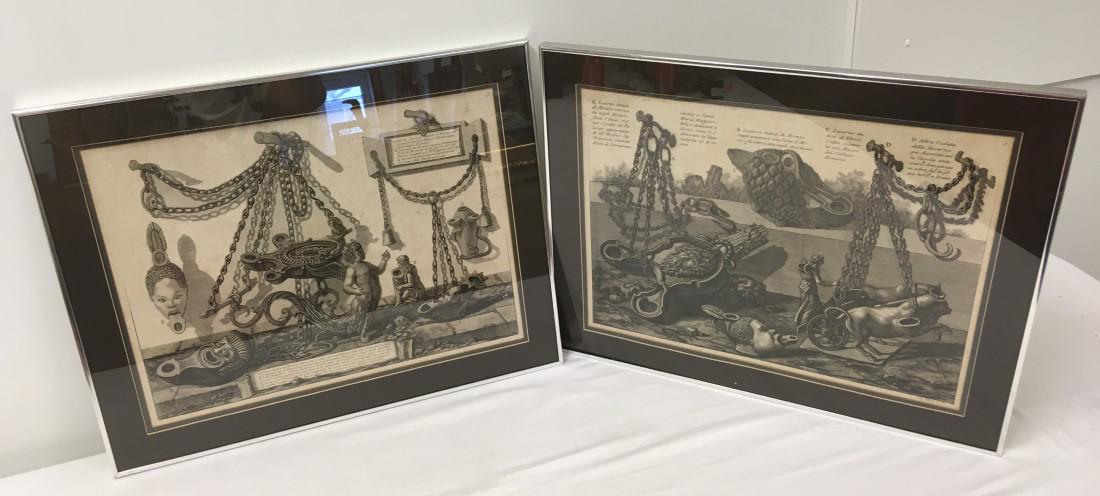 TWO G.B. PIRANESI FRAMED ETCHINGS: BRONZE ARTIFACT: Lot of two original etchings by Giovanni Battista Piranesi, early 19th century. Both etchings depict bronze artifacts: from Vasi, Candelabri, Cippi, Sarcofagi, Tripodi, Lucerne, ed Ornamenta Antichi D