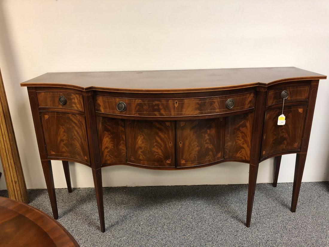 HAND CRAFTED FEDERAL STYLE SIDEBOARD: Mahogany and satin wood Federal style sideboard, hand made by Charak Furniture Co, Bolton, Mass. Numbered and dated, 1337 / 1936. Includes KEY. Measures 72 1/2" long x 26 1/2" deep, and 40" tall. Band