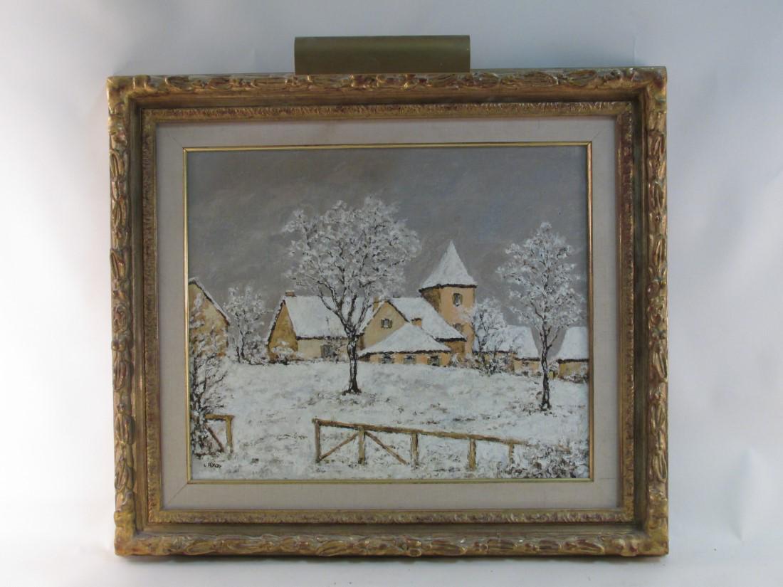 LOUIS PEYRAT OIL ON CANVAS PAINTING: SNOWY FARMHOU: Louis Peyrat framed oil on canvas painting depicting a snowy farmhouse scene. Signed lower left and framed in a gold tone frame with accent lighting. Condition: frame/matting may show minor signs of n