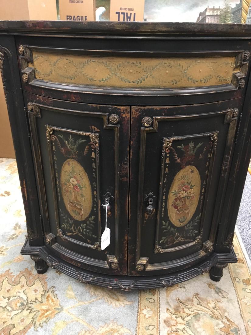 HABERSHAM OXFORDSHIRE COMMODE CABINET: Habersham Oxforshire bow-front painted cabinet. Floral design on black finish. Two door cabinet with red Interior. (no shelves - no drawers). Condition: good. Measures: 37" wide x 36" tall x 23" deep.