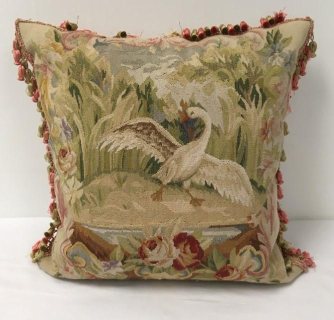 ANTIQUE FRENCH NEEDLEPOINT TAPESTRY THROW PILLOW: Antique French swan needlepoint tapestry throw pillow measuring 21" x 21". Condition: good, no stains or soiling, see images. Weight: 3 lbs.