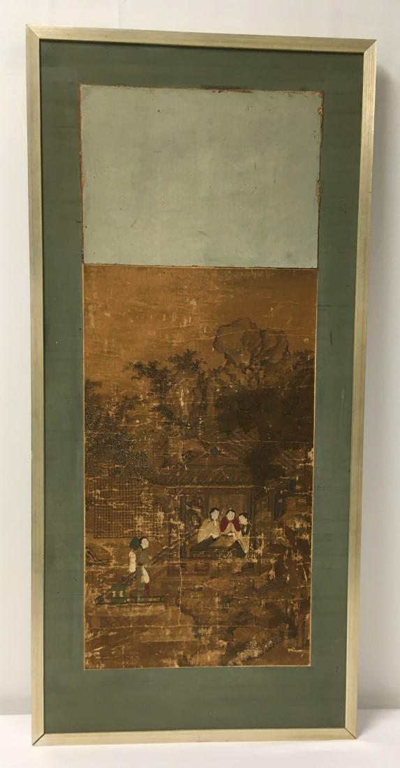 CHINESE MING DYNASTY INK AND GOUACHE PAINTING: Chinese Ming Dynasty ink and gouache painting on paper. Outdoor garden scene. Fragment of a larger scroll. Done in the Song dynasty style. Framed and matted measuring total of 42" tall x 19.75" wide. 