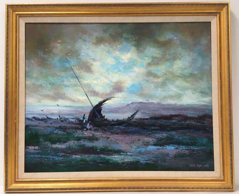 VINTAGE ELLIOT ORR OIL ON CANVAS PAINTING "WHERE.": Vintage oil on canvas painting by Naples artist Elliot Orr. Titled on verso "Where the sands wash and the winds blow". Signed and dated lower right "Elliot Orr 1992". Framed measuring a total of 29.5"