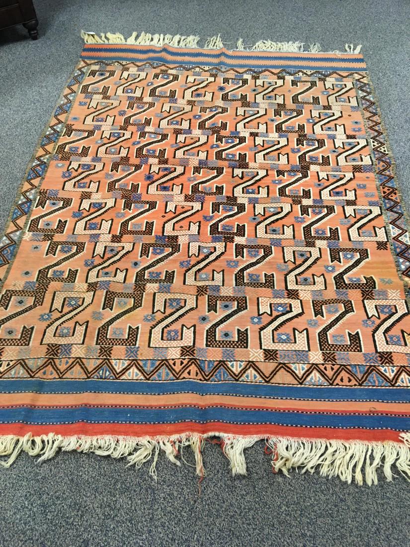 ANTIQUE TURKISH KILIM FLATWEAVE RUG 5: Antique Turkish kilim flatweave rug measuring 5'3" x 7'. "S-Dragon" type pattern. Condition: fading to either end, some loss of fringes, minor signs of normal age, no apparent repairs or holes, see im