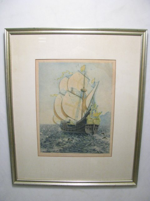 AQUATINT "THE GOLDEN GALLEON" BY JOHN TAYLOR ARMS: Aquatint engraving by John Taylor Arms titled "The Golden Galleon" 1921, signed by the artist at the lower right corner. Framed, matted and under glass, visible art measures 13 3/4" high by 10 1/2" wi