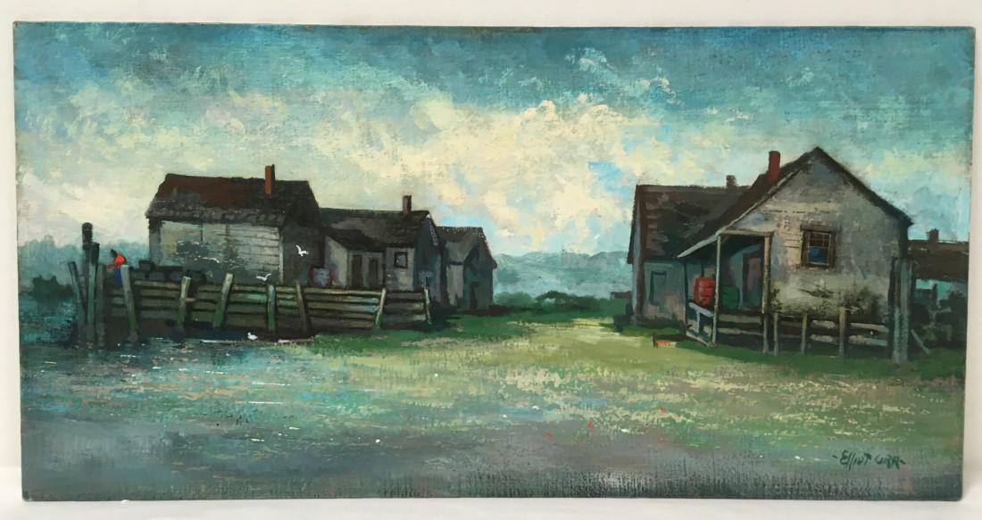 ELLIOT ORR OIL ON CANVAS BOARD PAINTING OYSTER RIV: Vintage Elliot Orr oilo on canvas board painting, titled "Oyster River Fish Houses". Signed on front lower right, marked on backside "Elliot Orr Chatham Mass. 1975 Oyster River Fish Houses". Unframed.