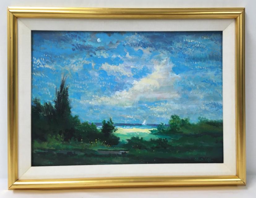 VINTAGE ELLIOT ORR ACRYLIC ON BOARD PAINTING: Vintage Elliot Orr acrylic on board painting, titled "Beach View". Signed lower right and dated lower left "94". Signed, dated and titled again verso. Framed and matted in a gilded frame measuring 15.