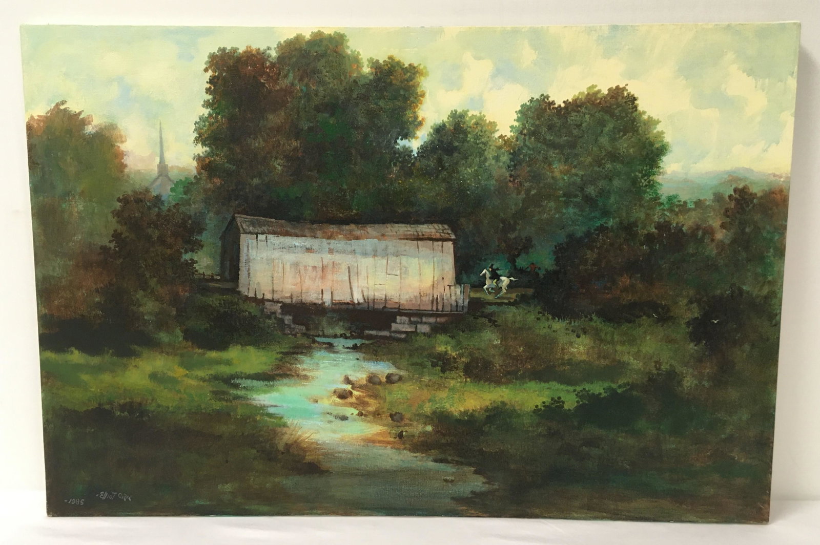 LRG ELLIOT ORR ACRYLIC ON CANVAS PAINTING HORSEBAC: Large and vintage acrylic on canvas painting by Naples Fl artist Elliott Orr. Subject is landscape with horseback rider. Signed and dated 1985 lower left and also on verso. Condition: good, unframed, 