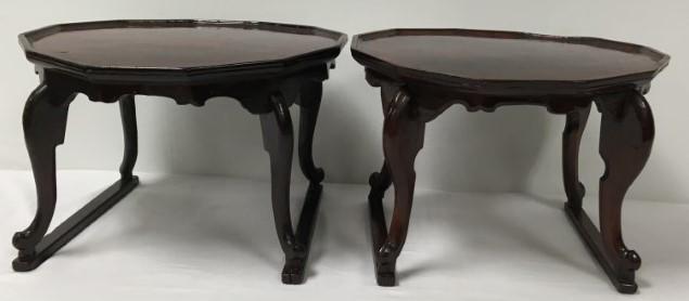 TWO ANTIQUE 19TH C KOREAN SOBAN TRAY TABLES: Lot of two antique 19th century Korean soban or personal dining tray tables. One is zelkova wood, and the other gingko wood. Condition: repair to one foot and repair to edge of rim on gingko soban, se