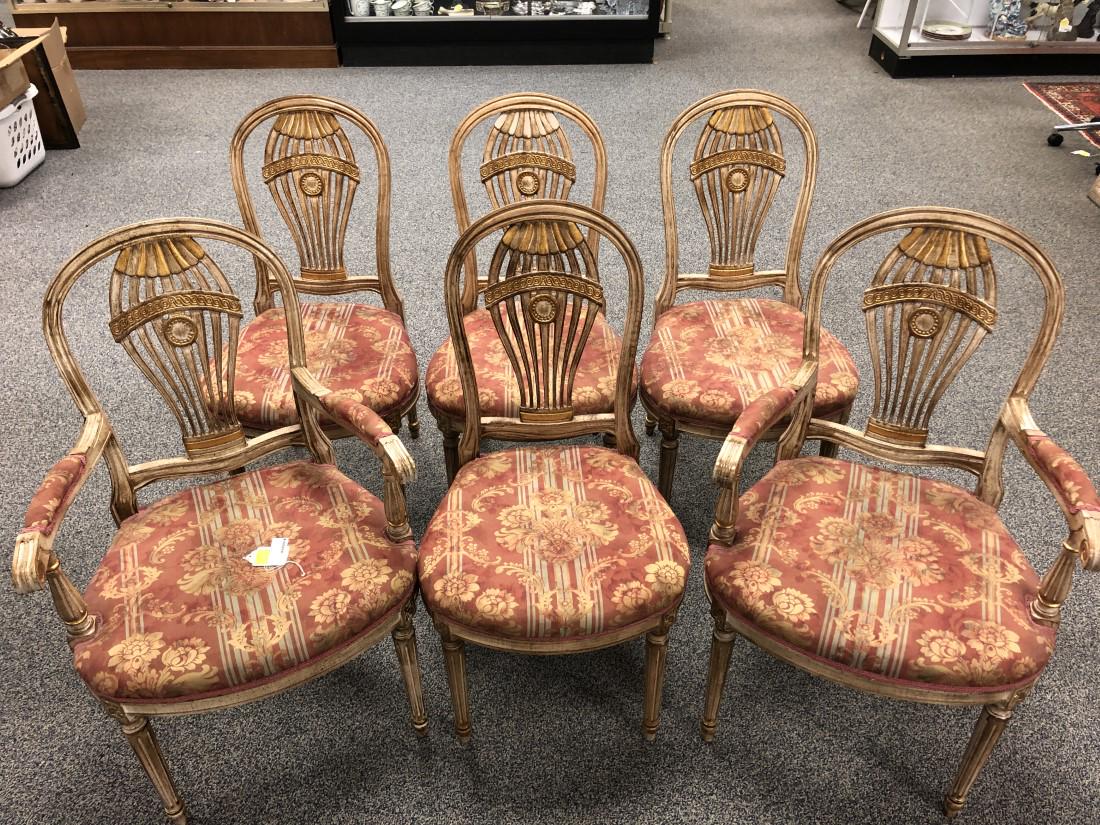 SIX FRENCH STYLE BALLOON BACK DINING CHAIRS: Lot of six French style Balloon back dining chairs. No apparent signs of a maker's mark. Off-white aged finish with gold leaf highlights, Damask pattern fabric upholstery. Includes two armchairs and f