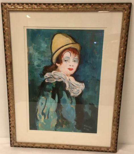 ELLIOT ORR WATERCOLOR & GOUACHE PAINTING: CLOWN: Elliot Orr watercolor and gouache painting. Titled "Clown in Blue" and dated "1982" verso on label from Harmon-Meek Gallery, Naples Fl. Also signed and dated on the front, lower right. Painting is und