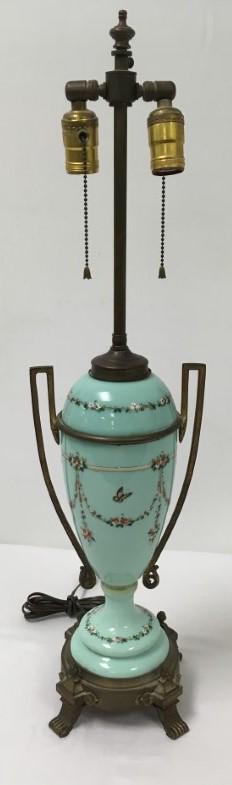 ANTIQUE FRENCH ORMOLU & OPALINE GLASS TABLE LAMP: Antique French ormolu mounted opaline glass table lamp. Possibly Baccarat. Unmarked/unsigned. Does not include shade. Condition: wear to gilding on ormolu mounts, minor wear to gilding on glass, may n