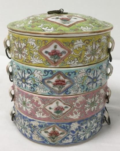 CHINESE QING DYNASTY PORCELAIN STACKING WEDDING BO: Chinese Qing Dynasty porcelain stacking wedding box. Four tiers, measuring a total of 6.5" tall x 5.6" diameter. Metal wire handles and finial. Condition: good, no chips or cracks, see images. Weight: