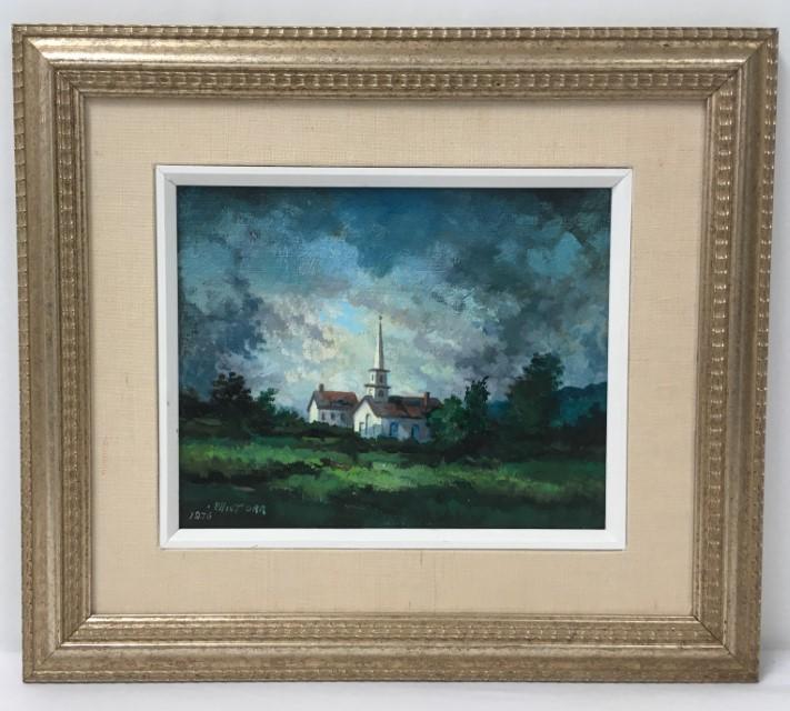 ELLIOT ORR OIL ON PANEL PAINTING: WHITE CHURCH: Vintage oil on panel painting by Elliot Orr. Label on verso from Harmon-Meek Gallery, Naples, Fl. Titled "White Church". Signed and dated 1976 lower left. Framed measuring a total of 14.25" tall x 16.