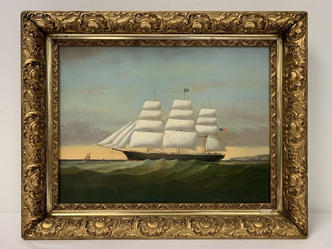 BRIAN COOLE OIL ON PANEL MARITIME PAINTING: Brian Coole oil on panel maritime painting depicting a clipper ship. Signed lower right and framed in an antique gilded frame measuring 19.5" tall x 24.5" wide. Painting measures (sight) 14.5" tall x 