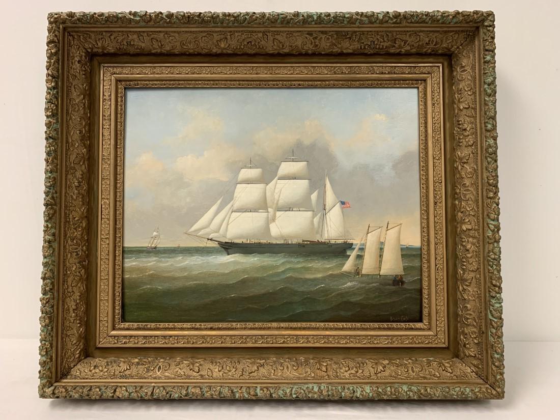 BRIAN COOLE OIL ON PANEL MARITIME PAINTING: Brian Coole oil on cardstock panel maritime painting of two ships. Signed lower right "Brian Coole" and framed in a large and heavy gold toned frame measuring 23.25" tall x 27.75" wide. Painting measu