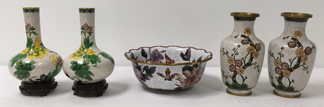 CHINESE CLOISONNE: VASES, BOWL, ETC. 5 PCS: Lot of five pieces of Chinese cloisonne ware. Includes a pair of 8" tall bottle neck vases with wooden stands, a 10.25" diameter bowl, and a pair of 8.75" tall vases. Condition: good, no chips or crac