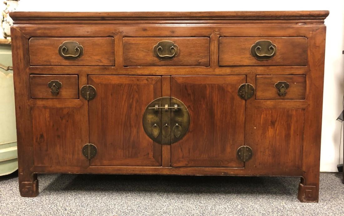 CHINESE 19TH C MING STYLE ELMWOOD SIDEBOARD: Chinese 19th century Qing Dynasty Ming style elmwood buffet or sideboard cabinet measuring 34" tall x 55.5" wide and 19.5" deep. Condition is good, no losses or repairs, only minor signs of normal use