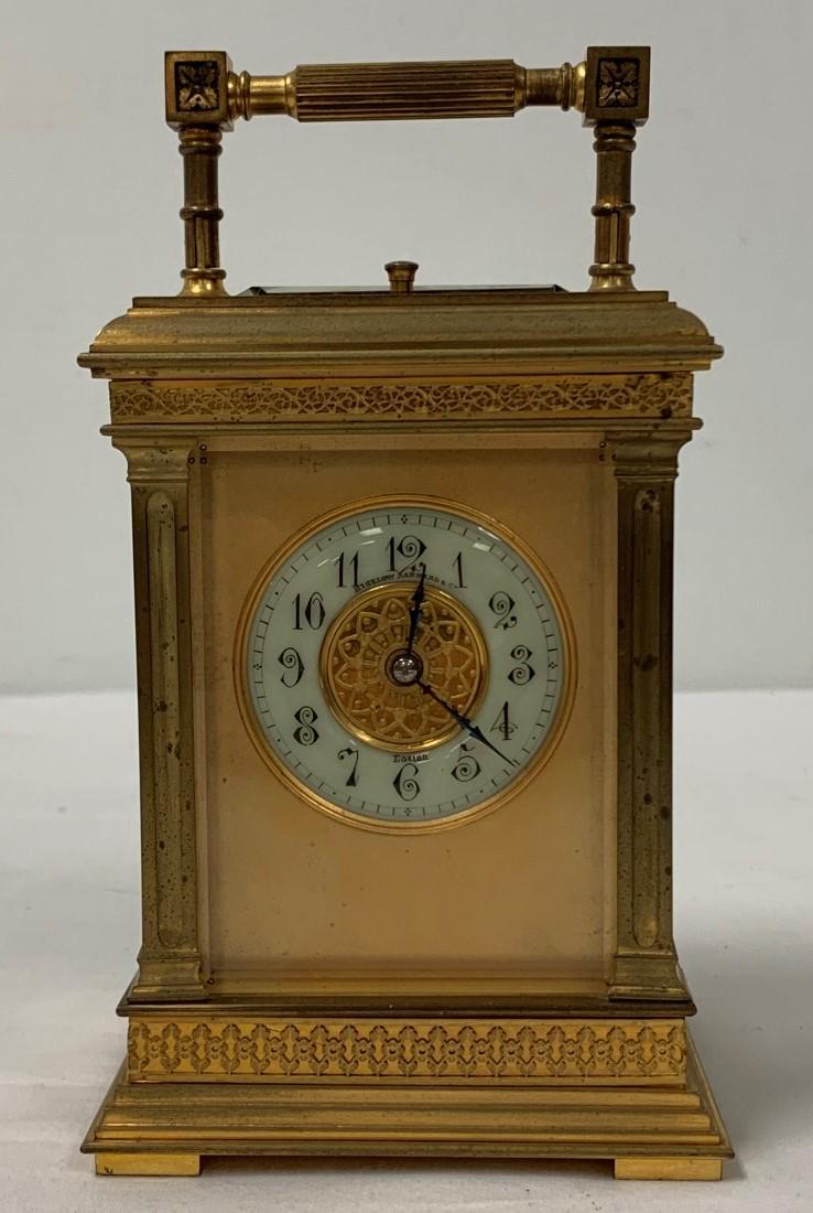 ANTIQUE FRENCH BRASS REPEATER CARRIAGE CLOCK: Antique French brass and beveled glass repeater carriage clock, retailed by Bigelow, Kennard & Co. (Marked on dial followed by "Boston"). Measures a total of 6.5" tall x 4.5" wide x 3.75" deep. Includ