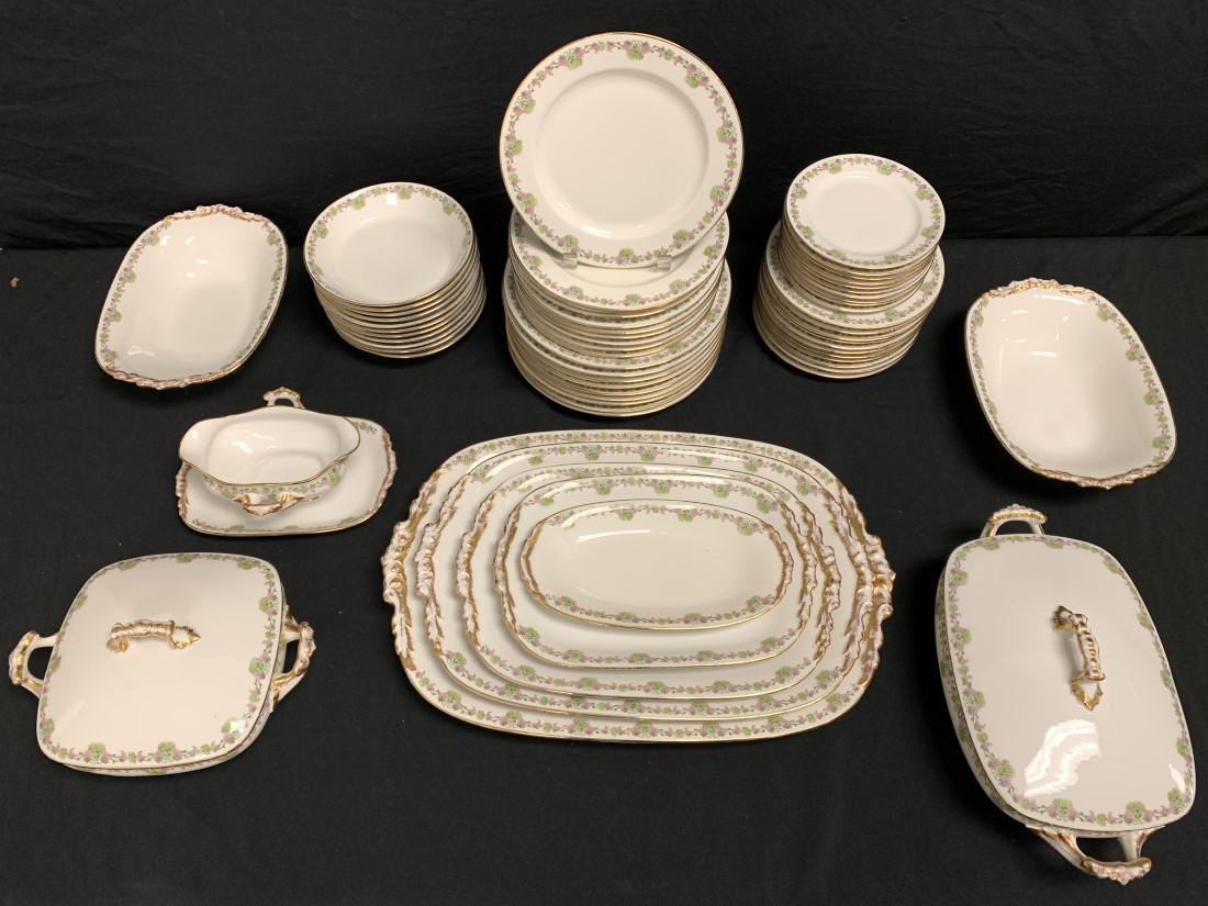 JEAN POUYAT LIMOGES PORCELAIN DINNERWARE 61 PCS: Jean Pouyat limoges porcelain dinnerware. Includes 61 total pieces: (9) 9.5" plates, (10) 8.5" plates (one with flake to rim), (11) 7.5" plates, (10) 6.25" plates (one with chip, one with flake), (11)