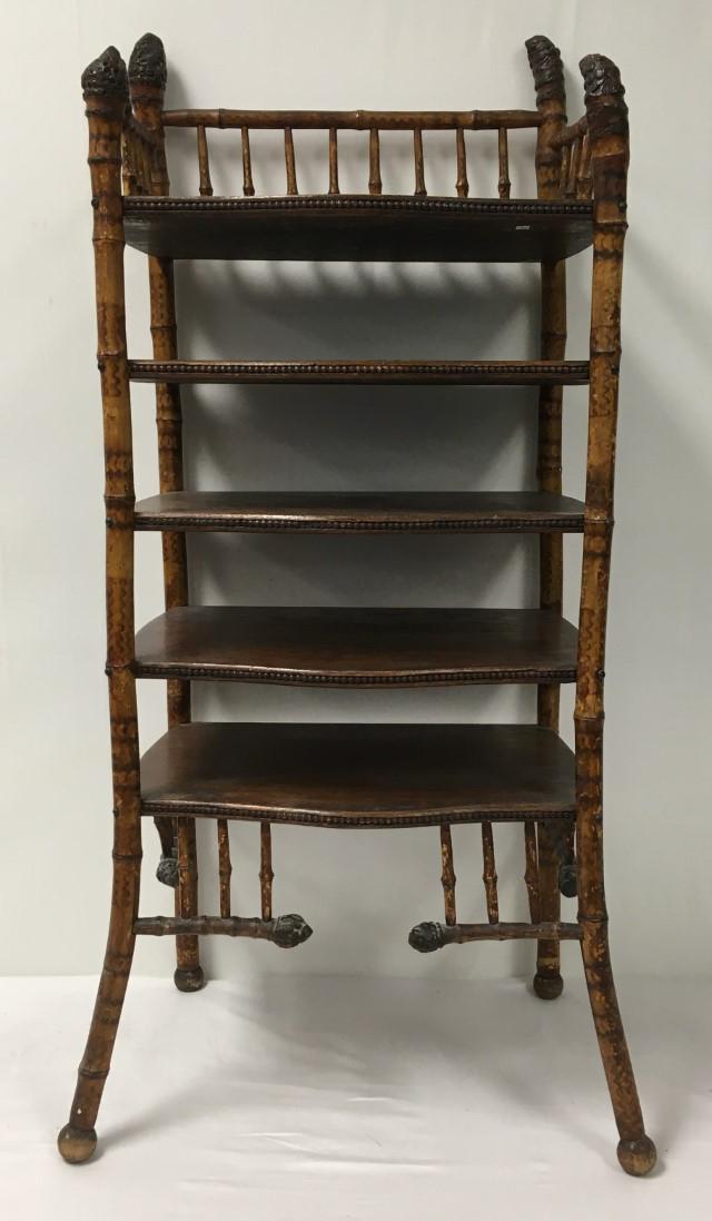 ANTIQUE VICTORIAN BAMBOO FLOOR SHELF: Antique late Victorian bamboo floor shelf. Measures a total of 40" tall x 18" wide and 13.5" deep. Condition: minor signs of expected age and use, no repairs or losses, see images. Weight: 20 lbs.