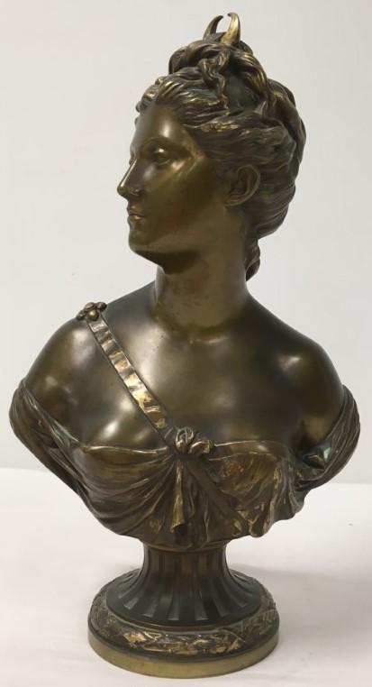 BRONZE SCULPTURE AFTER JEAN-ANTOINE HOUDON: DIANA: Antique bronze sculpture after Jean-Antoine Houdon, subject: Roman Goddess Diana. Signed "Houdon Sculpt, Susse f". Cast at Fonderie Susse Freres. Measures 18.5" tall x 11" wide. Condition: minor signs