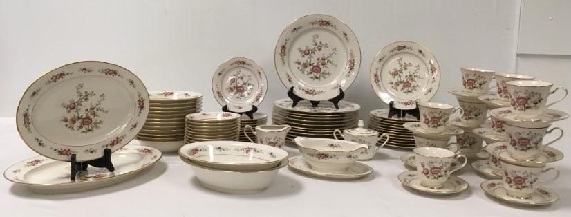 NORITAKE "ASIAN SONG" PORCELAIN DINNERWARE FOR 12: Noritake "Asian Song" floral porcelain dinnerware service for twelve. Includes (12) 10" plates, (12) 8.25" plates, (12) 6.4" plates, (12) 7.5" bowls, (12) 5.6" fruit bowls, (12) 6" saucers, (12) 3.1" 
